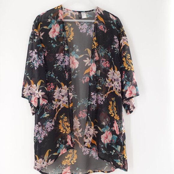 Sheer Black and Floral Kimono Elbow Sleeve  H & M  Womenś XS - Picture 1 of 8